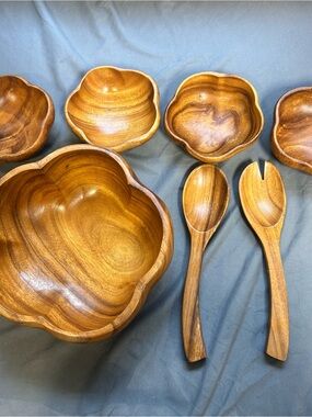 Handcrafted Wooden Salad Bowl Set in Natural Brown with Serving Spoons